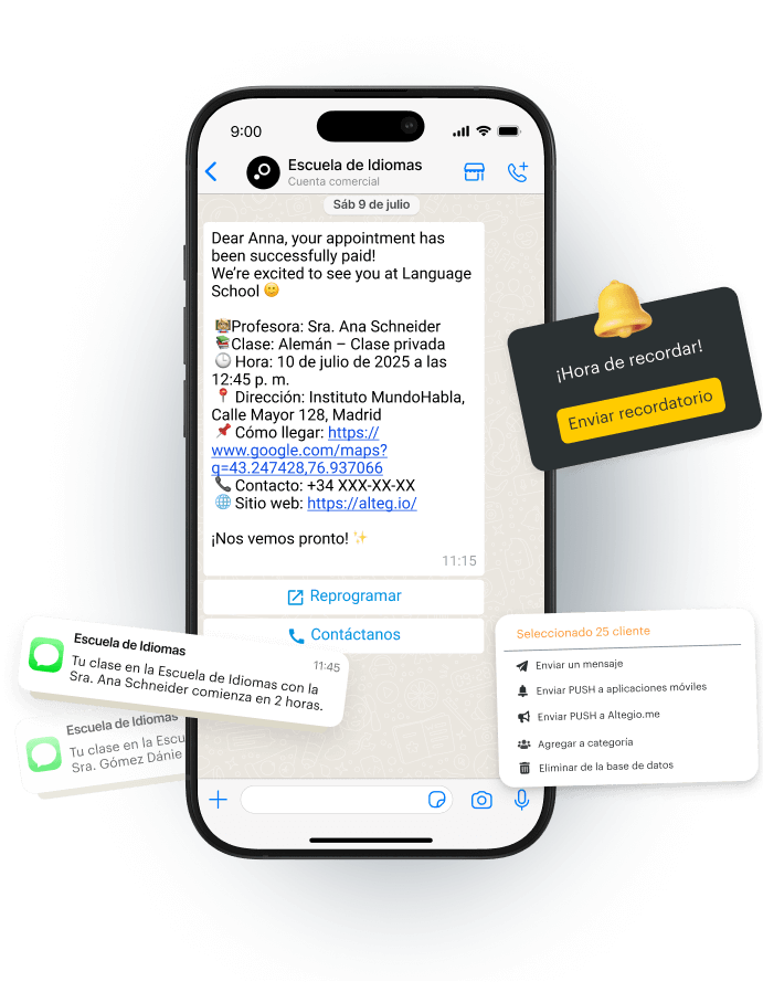 Chat interface showing appointment details for a language class with reminders.